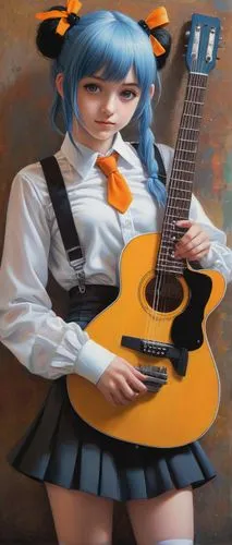 Nico Robin, official art, solo, (12yo), cute detailed eyes, gentle smile, twin tails, blue hair clips, white shirt, orange tie, black shorts, knee-high socks, brown shoes, holding a guitar, standing, 