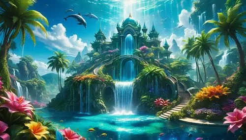 an artwork scene depicting a tropical paradise and waterfall,underwater oasis,fairy world,waterfall,oasis,beautiful wallpaper,water fall,fantasy landscape,tropical island,waterfalls,lagoon,fantasy pic