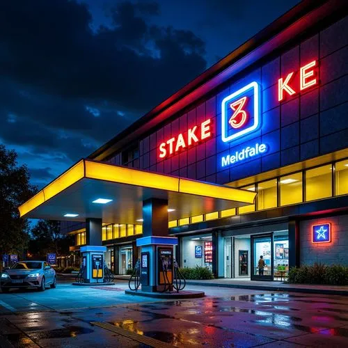 Vibrant gas station, neon lights, bold signage, modernist architecture, sleek lines, metallic accents, industrial materials, concrete walls, glass canopies, retro-futuristic vibe, electric blue hues, 