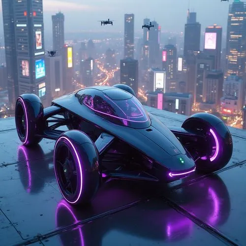 A flying car docking at a rooftop landing pad of a skyscraper in a futuristic city. The car has a compact, quad-rotor design with folding wings and a glossy obsidian finish. Its vertical lift system i
