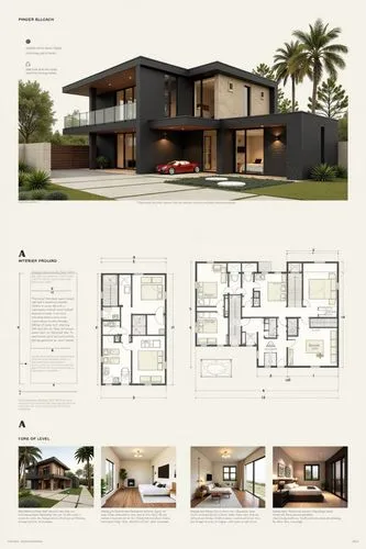 A professional architectural presentation board with a Pure background and a clean, minimalist design layout. The board includes:

Top Section: On the top left, a photorealistic render of a contempora