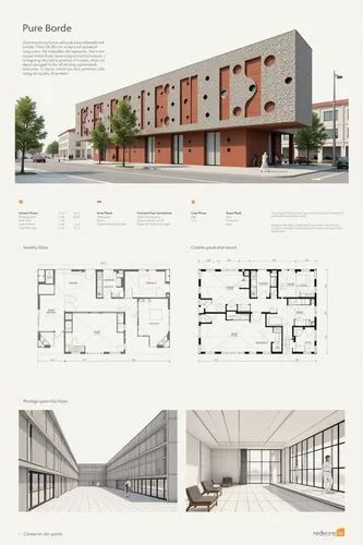 A professional architectural presentation board with a Pure background and a clean, minimalist design layout. The board includes:

Top Section: On the top left, a photorealistic render of a contempora