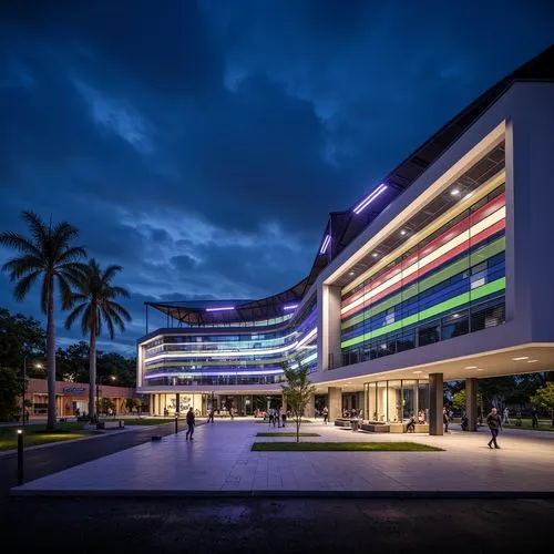Modernist stadium, sleek angular architecture, cantilevered roofs, minimalist fa\u00e7ade, floodlights, spotlights, LED strips, vibrant color changing lights, dynamic lighting effects, dusk till dawn 