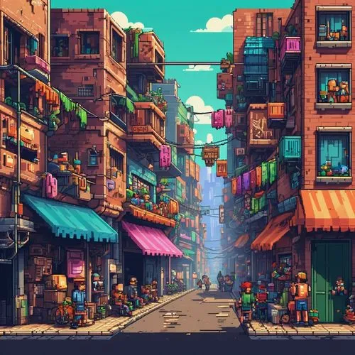 Pixel Art,colorful city,world digital painting,shopping street,bazaar,souk,microdistrict,hanoi,legian,bombay,mercado,pixel art,marketplace,vendors,fantasy city,bazar,slum,shanghai,mongkok,chinatown,to