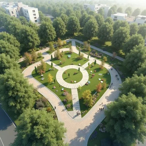 Aerial view of the landscape planning of the public rest square. The planned area is about 800 square meters, with less greening in the area. There are fitness areas, rest areas, various landscape ins