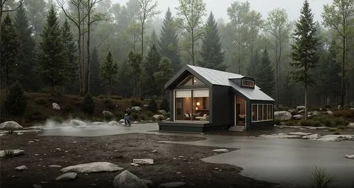 A striking modern cabin with an asymmetrical design, clad in dark metal and natural wood. The structure is set against a forest backdrop, with a rocky landscape in the foreground and mist rising from 