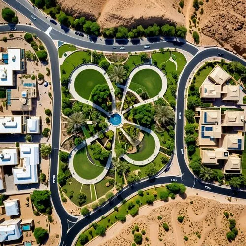 "Design a master subdivision plan for a modern, smart, and sustainable community located in Oman. The layout should integrate residential, commercial, and recreational zones harmoniously within the na