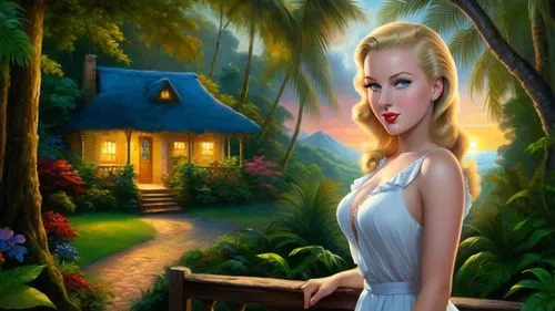 Romantic masterpiece oil painting, cute girl portrait, nostalgic 1950's style kitsch, vibrant rainforest landscape, lush tropical jungle paradise, summer beach vacation seaside cottage scenery, by Tho