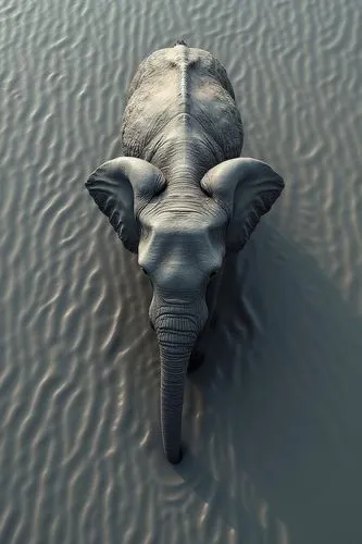 Aerial view of a [elephant] walking across and deep into a series of thin [gray] lines, the contrast between the [elephant]'s [wrinkled gray skin] and the lines below creates a mesmerizing visual effe