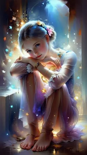 the painting shows a  with her hands on her knees,little girl fairy,mystical portrait of a girl,fairy,girl praying,faery,fairy tale character,boy praying,flower fairy,faerie,fantasy picture,fairy dust