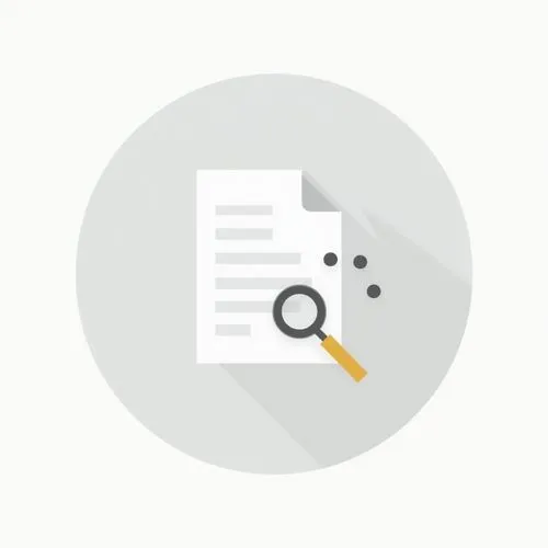 Minimalist flat vector illustration in soft grayscale tones. A light gray circular background with subtle gradient transitions for depth. A single, cleanly designed 'Under Review' symbol, such as a ma