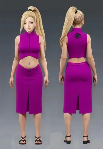 Insert the PURPLE TOP, SKIRT AND BLACK SANDALS, IN FRONT AND BACK VIEW. Do this perfectly so that it looks realistic. SHOW THE CHARACTER IN BACK AND FRONT VIEW. ,a woman with blond hair in a purple dr