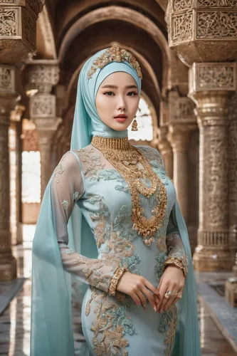beautiful 20 year old Korean model, full body, beautiful, dress and expensive jewelry, wear hijabi, expensive low-cut dress, pouty lips, sharp-focus, very sharp, high-quality, color, unique, one image