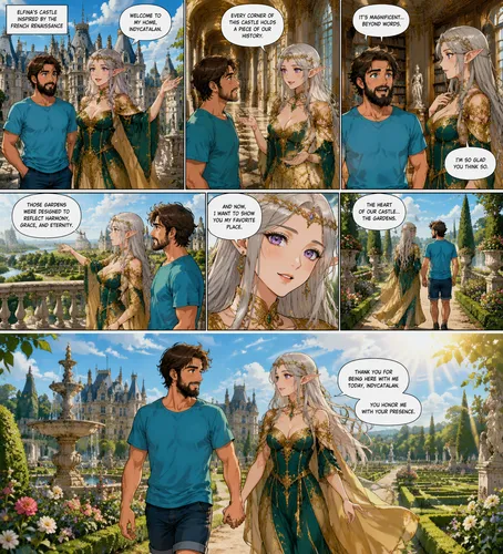 Manga style:
Me—Indycatalan, a 37-year-old Frenchman, 1.60 meters tall, with dark brown hair, a short but thick beard, blue-green eyes, a turquoise blue T-shirt, and midnight-blue denim shorts.
Elfina