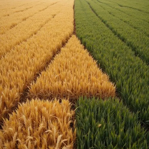An eye-level high angle close up view of the top portions of the image split into sections by a strip of wheat that is growing from right to left. The cutting surface of the wheat is extremely detaile