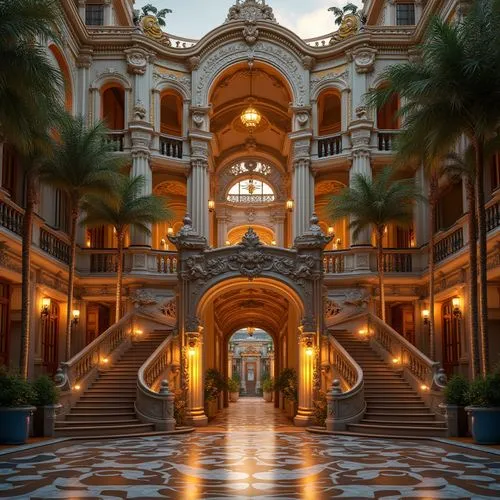 Vibrant cinematic facade, eclectic architectural style, ornate decorations, intricate stone carvings, grand entrance gates, opulent balconies, lavish golden details, majestic columns, Baroque-inspired