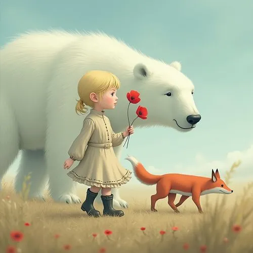 Panoramic view. Photorealism, pro studio photo shot. Intricate surreal scene where A little blonde girl dressed in an old cream dress and old black boots is holding a poppy. She walks from the left to
