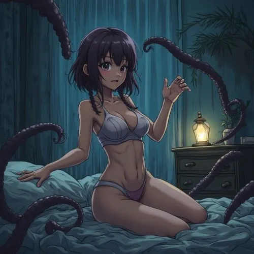 an anime character sitting on her bed next to giant tentacles,tentacles,tentacle,tentacled,deep sea,calamari,anchor chain,octopus,siren,octopus tentacles,bonnie,water nymph,sauna,noodle image,beach sn