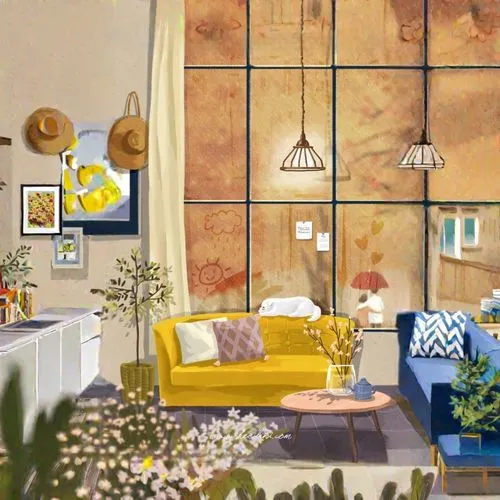 living room,livingroom,mid century modern,home interior,an apartment,gold stucco frame,sitting room,apartment,modern room,yellow wallpaper,mid century house,boho art,bedroom window,mid century,modern 