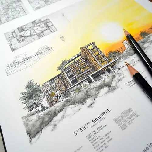 An architectural competition entry for a 3 story condo project, sketchbook style, design studies on the page, a mix of black and white hand drawings with watercolor sketches at various scales, floor p