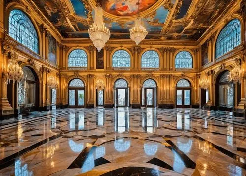 Baroque-style artwork, grandiose architecture, ornate details, golden frames, intricate carvings, marble floors, high ceilings, stained glass windows, majestic columns, velvet drapes, luxurious chande
