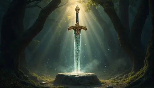 A majestic depiction of Excalibur, the legendary sword, embedded in a stone at the center of a mystical forest. The sword's blade gleams with an ethereal light, etched with ancient runes that glow fai