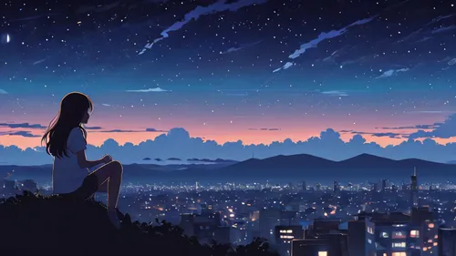 octans, sky, star (sky), scenery, starry sky, night, 1girl, night sky, solo, outdoors, building, cloud, milky way, sitting, tree, long hair, city, silhouette, cityscape,starry sky,starlight,falling st