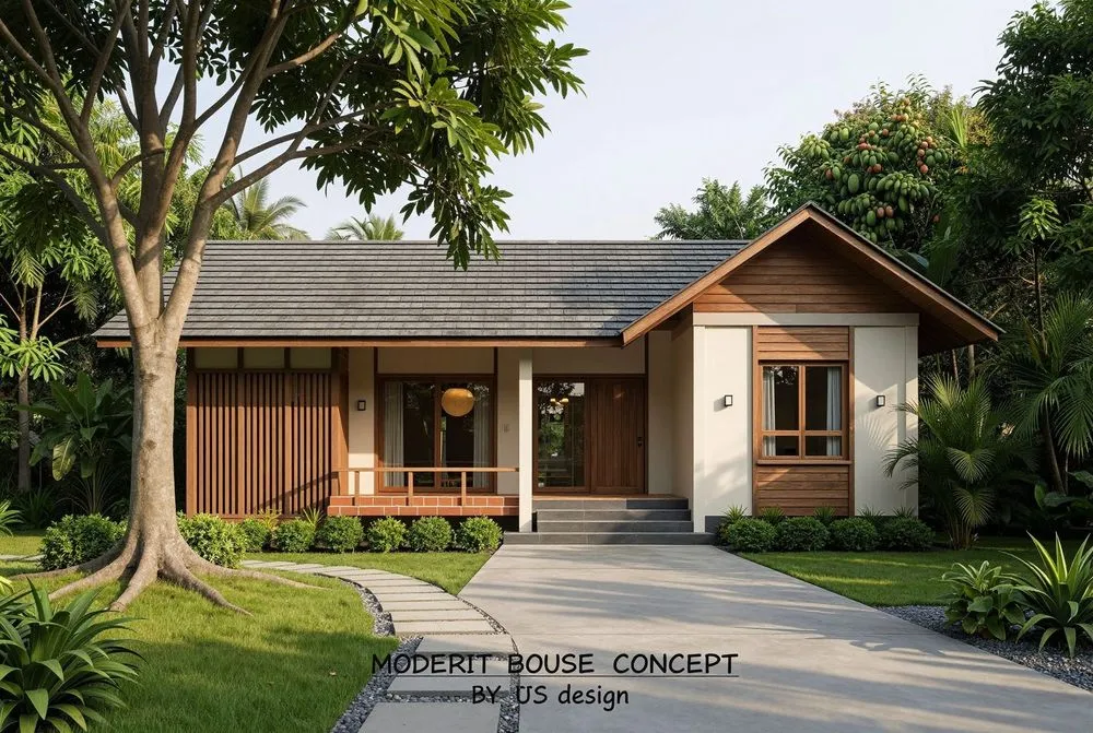 a small house sits in the middle of a front yard