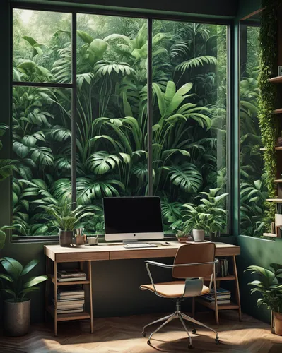 (a study room interior: 1.3) of an modern house, 3d optic of a close up from a modern microchip, bookshelf, Industrie art, digital art, modern art, nature friendly, jungle view outside the window,gree