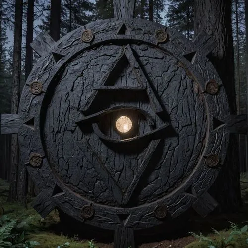 an evil eye emblem carved in to a tree,esoteric symbol,pentagram,pentacle,all seeing eye,paganism,occult,totem,occultism,hexagram,satanism,summoning,pagan,freemasonry,masons,alchemical,witches pentagr