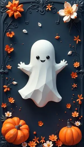 halloween wallpaper,
3D plasticine cute ghost pattern, orange and white pumpkins and flowers, dark navy blue background with ornate swirls.
,a ghost and pumpkins, in the middle of an illustration