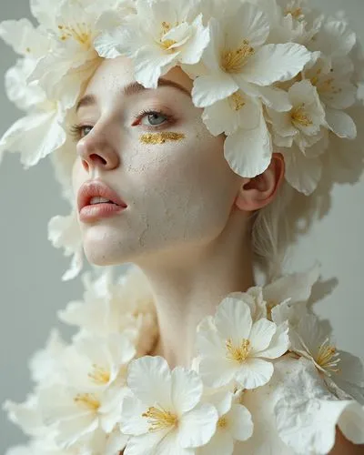 A woman whose skin texture resembles crumpled white paper, evoking the delicate beauty of a Japanese kintsugi mug, where gold patches tell a story of resilience and creativity. Her face and body show 
