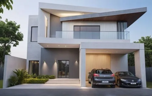 Architecture Design,two cars parked in front of an exterior apartment,modern house,modern architecture,residential house,two story house,frame house,house shape,cubic house,exterior decoration,cube ho
