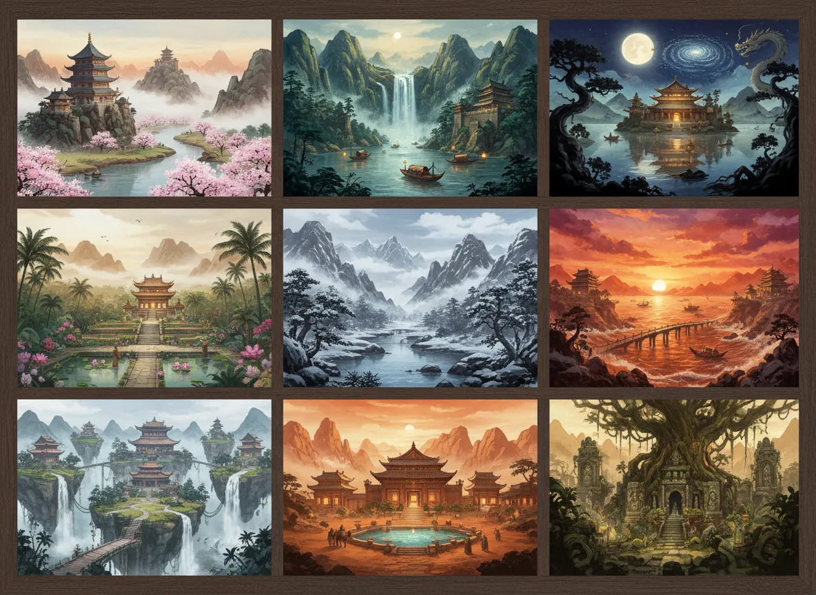 Una griglia di nove diverse illustrazioni di paesaggi asiatici generate dall'AI, tutte basate sullo stesso prompt ma che mostrano composizioni e atmosfere diverse.