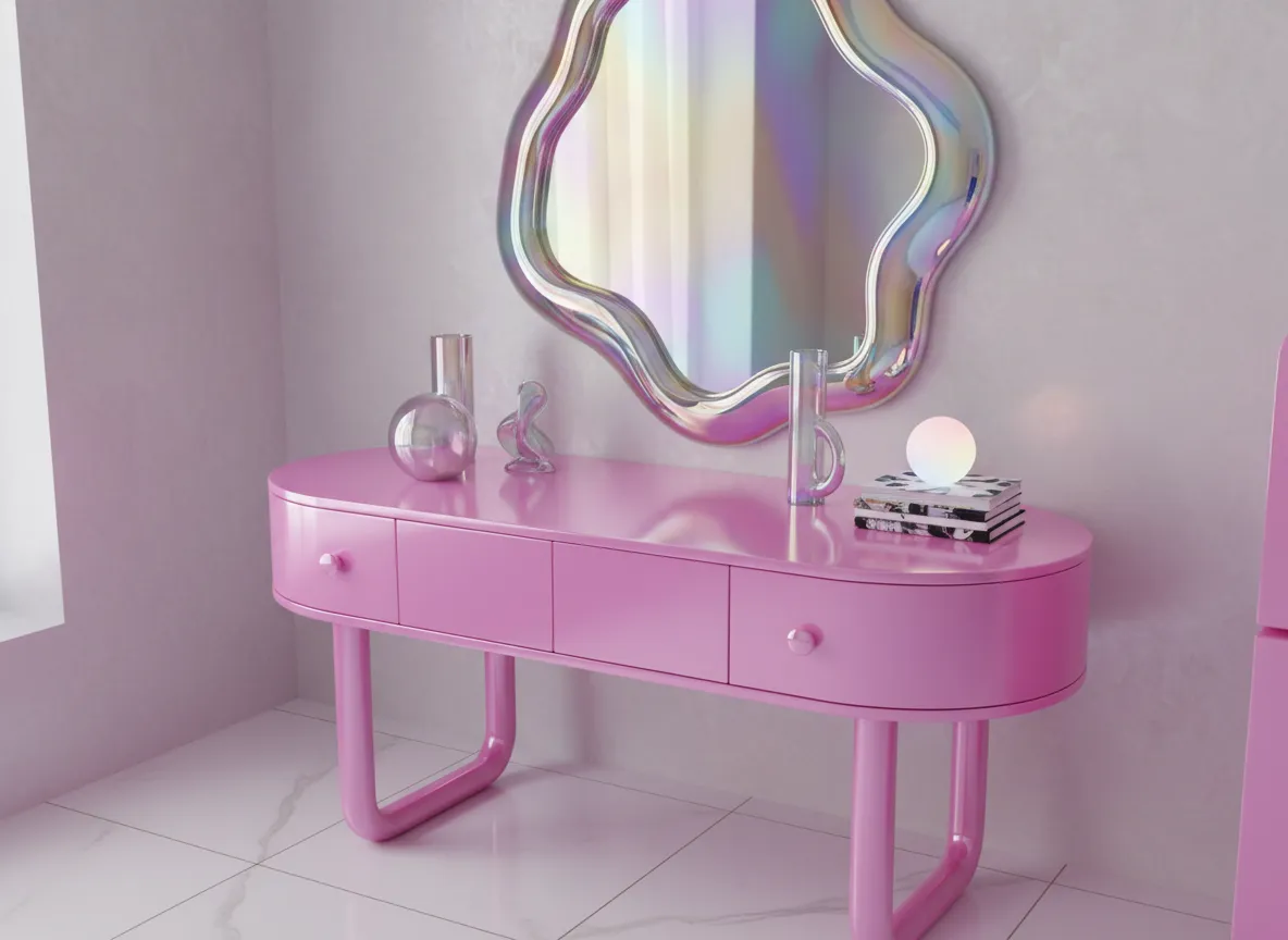 एक AI-जनित कमरे के कोने का क्लोज-अप शॉट जो एक गुलाबी वैनिटी पर चमकदार बनावट और इंद्रधनुषी सजावट की वस्तुओं को प्रदर्शित करता है।