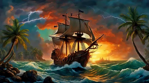 a pirate ship with an anchor on its mast in a stormy sunset,pirate ship,galleon,galleon ship,sea fantasy,fantasy picture,sea sailing ship,shipwreck,sea storm,sail ship,sailing ship,plundering,fantasy 