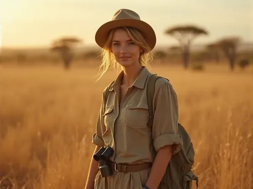 Savannah setting, warm sunlight, khaki clothing, relaxed fit, cotton fabric, casual style, outdoor adventure, African plains, acacia trees, dry grasslands, wildlife watching, binoculars, backpack, wat