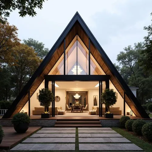 A hyper-realistic, high-resolution architectural photograph of a contemporary luxury home with a dramatic A-frame glass façade, showcasing a soaring vaulted ceiling and warm interior lighting. The str