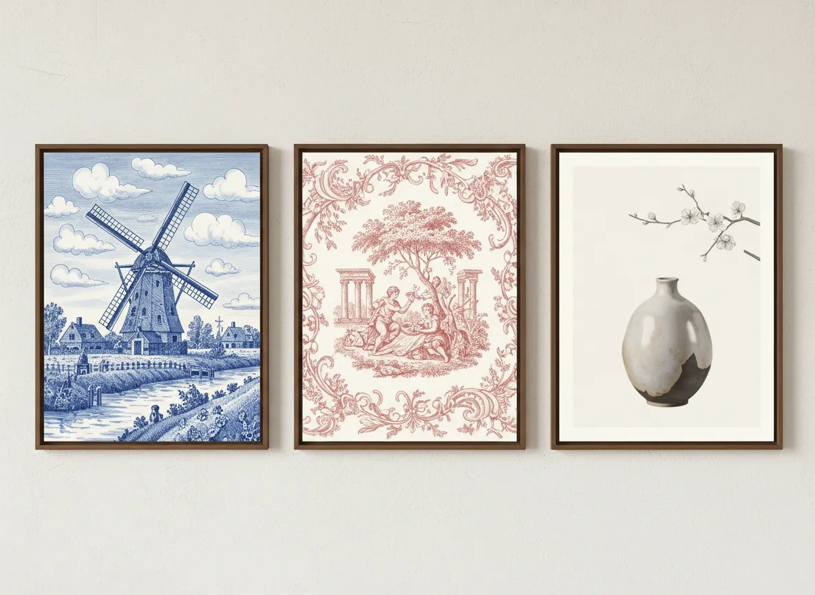 Un trittico di poster che mostra tre stili diversi: una scena di mulino a vento in blu di Delft olandese, un motivo toile de jouy francese e un vaso minimalista in stile ceramica asiatica.