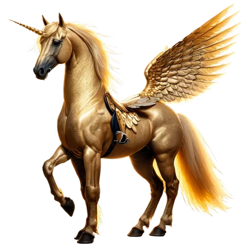 Fantasy creature, mythical being, winged horse, majestic, proud stance, shiny coat, golden mane, feathered wings, spread wide, morning sunlight, soft focus, cinematic composition, warm color tone, 3/4