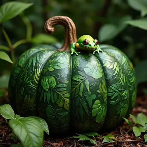 A rainforest-inspired pumpkin painted in lush greens and tropical leaf patterns, with a small tree frog perched on top. Surrounded by faux vines and tropical plants, it offers an exotic twist on autum