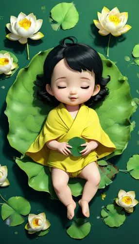 A lovely baby, green pillow, yellow shawl. black hair, she sleeping on the leaf of lotus. As 3d animation
,lily pad,lotus blossom,lotus art drawing,sleeping rose,flower painting,paper flower backgroun