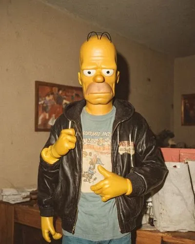 Homero Simpson con camiseta negra y chaqueta de cuero, realista,man in black leather jacket wearing homer simpson mask,a wax dummy,action figure,film character,collectible action figures,plastic model