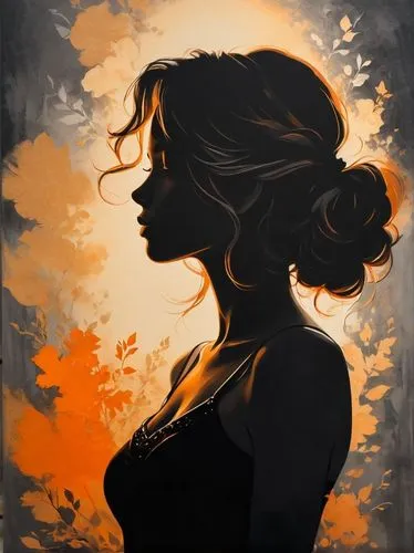 the drawings drawn were cute, in the style of feminine portraiture, golden light, soft gray, pensive poses, smokey background, soft orange and  black, light & shadow ,an image of a woman's head and sh