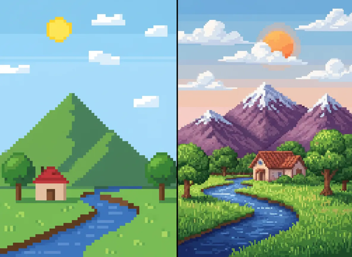 Ein direkter Vergleich, der eine einfache Landschaft in 8-Bit-Pixel-Art und eine detailliertere 16-Bit-Version zeigt.