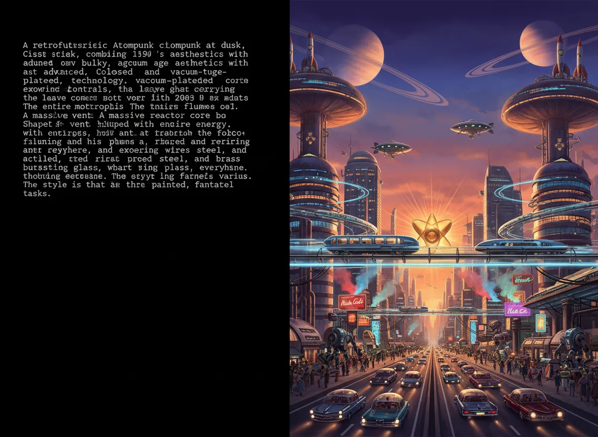 Una vista divisa che mostra un prompt di testo dettagliato dell'utente a sinistra e il paesaggio urbano Atompunk generato dall'AI risultante a destra.