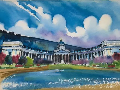 Сирень у Казанского собора, акварель,a painting of an ornate building near a lake,equestrian center,watercolor painting,watercolor,church painting,statehouses,palaces
