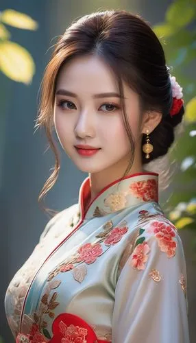 一个女孩
典雅古韵，长发飘逸，温柔笑容

旗袍装束，曼妙身姿，东方韵味

清新脱俗，淡雅妆容，秀外慧中

自然光下，肌肤如雪，柔和光影,a woman with an oriental dress is smiling,hanbok,hanfu,diaochan,jingqian,kunqu,yunxia,Photography,General,Natural