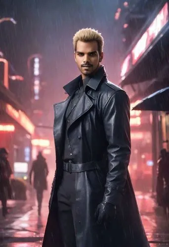 "Albert Wesker from Resident Evil standing still on a rainy rooftop at night. He wears his iconic black tactical trench coat, soaked and glistening, with slicked-back blond hair. His expression is cal