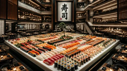 a giant square plate of different sushis, giant japanese restaurant, modern restaurant, levels of sushi
,an enormous assortment of sushi arranged in rows on a tray,sushi boat,sushi japan,sushi art,sus